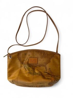 Vintage Alviero Martini Brown Map-Print Leather Crossbody